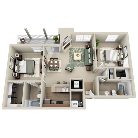 Floor plan for 2 beds, 2 baths, 1050 sqft